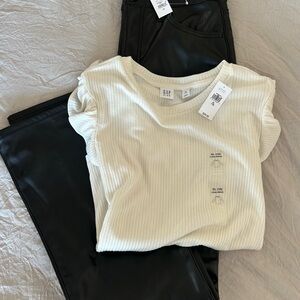 GAP Kids Long Sleeve Cream Ribbed Tee and Leather Flare Pants